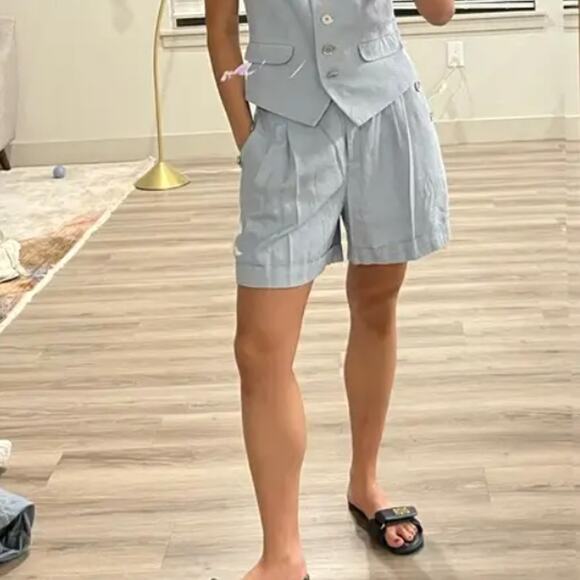 Michael Kors Blue Linen Trouser Shorts SIZE 10 Pleated Wide Leg Designer $125 - Picture 4 of 11